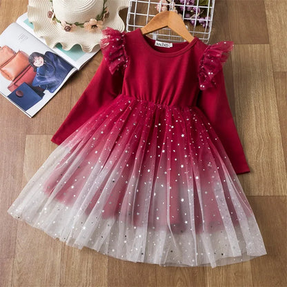 Kids Girl Star Sequin Mesh Winter Party Dresses childrensterritory