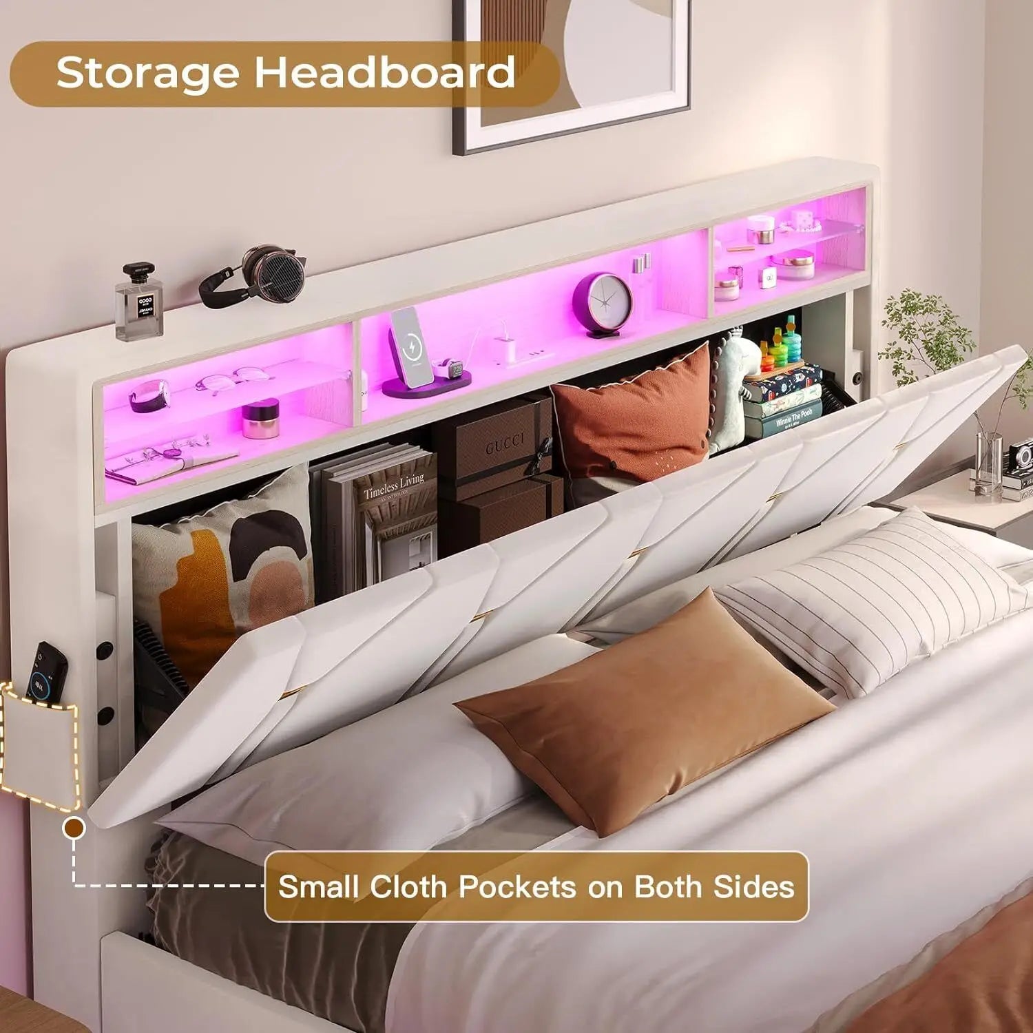 Velvet Upholstered LED Queen Bed Frame with Headboard Storage childrensterritory