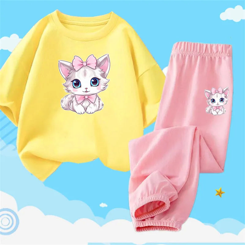 2pcs Kids Girls Cute Cartoon Print T-shirts + Pants Summer Outfit childrensterritory