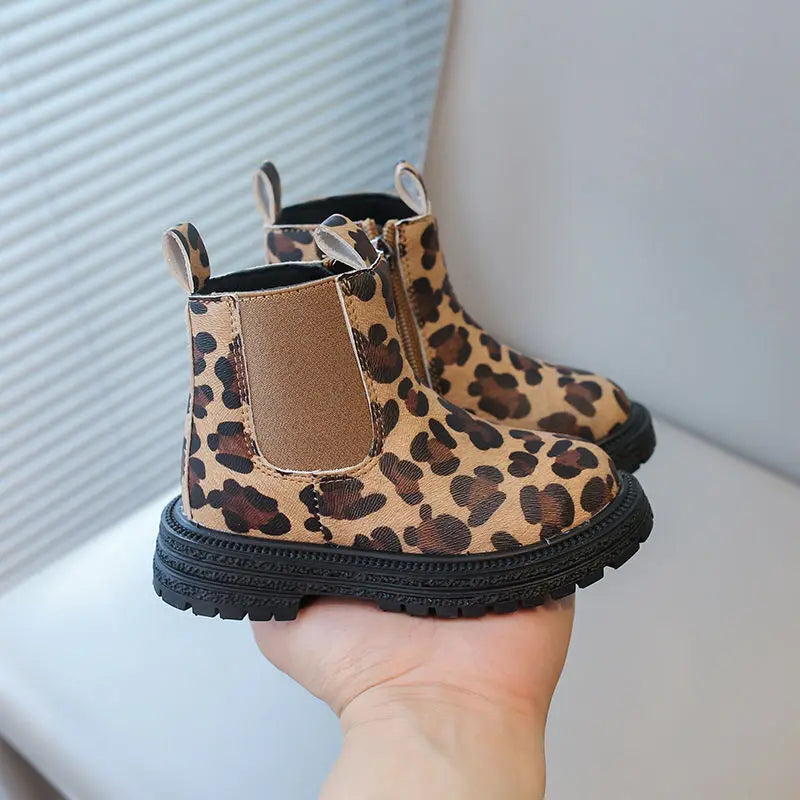 Leopard Print Anti Slip Children PU Zip Ankle Shoes childrensterritory