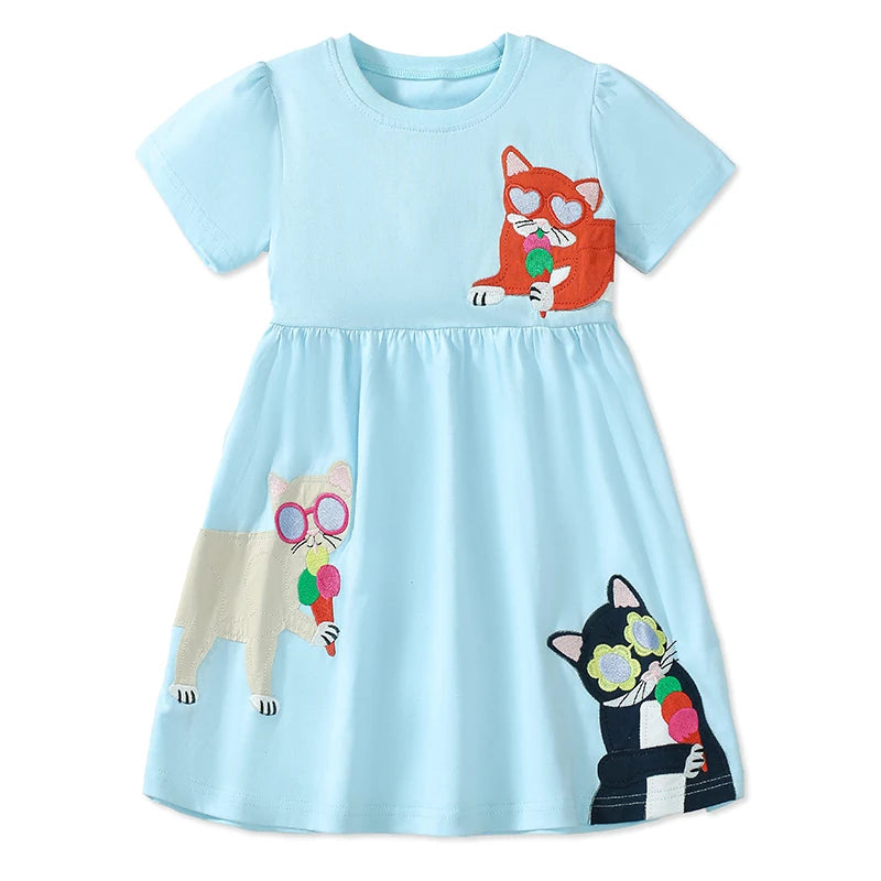 Kids Girls Cartoon Embroidered Summer Cotton Dresses childrensterritory