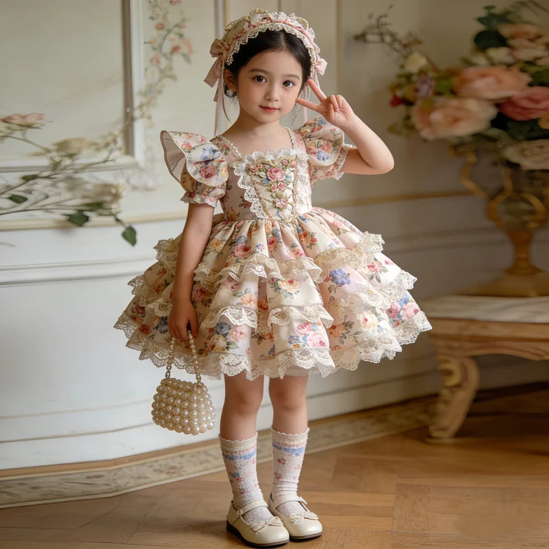 Kids Girls Floral Print Lace Patchwork Summer Princess Dress