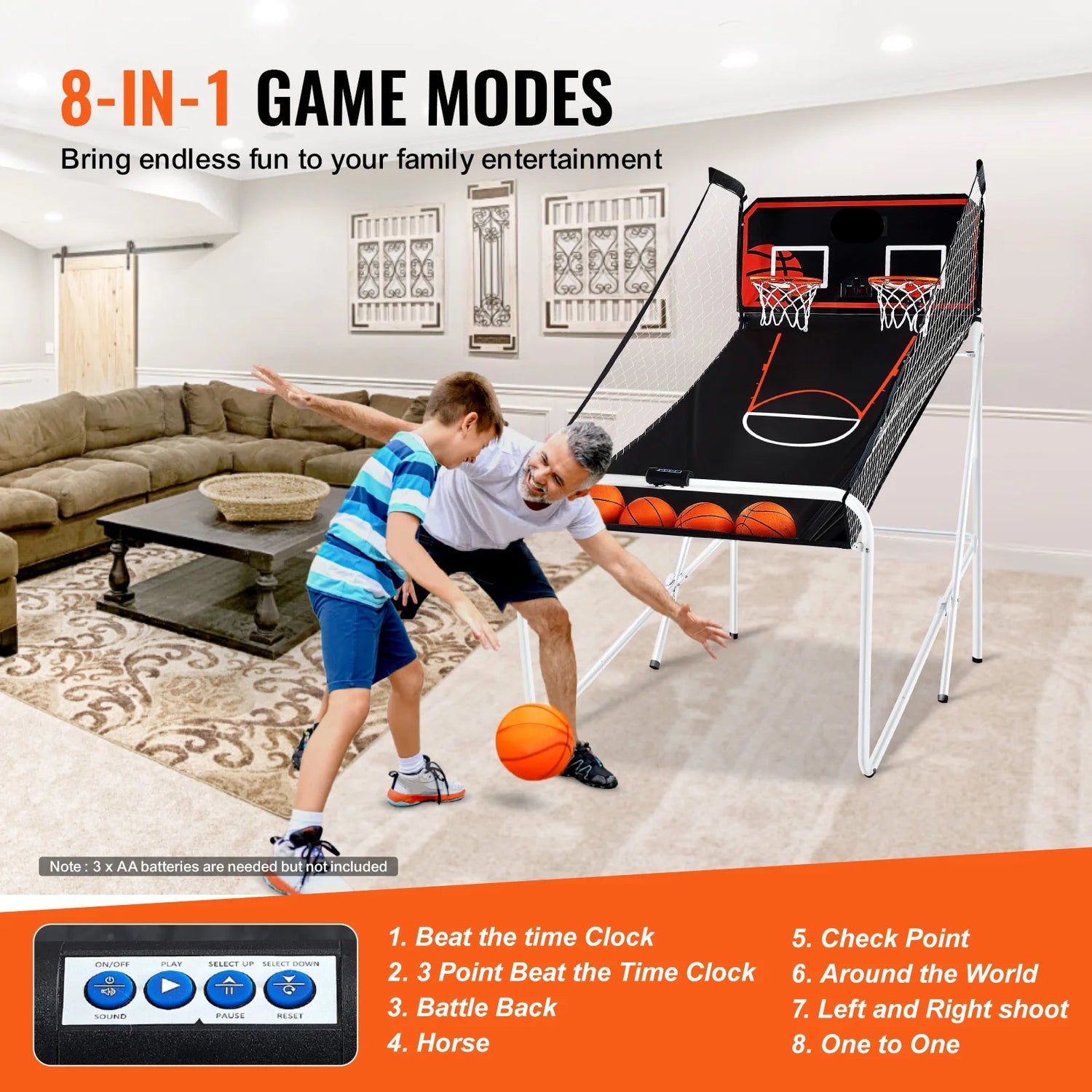 Kids Foldable Indoor Basketball Arcade Game w/ 4 Balls 8 Game Modes childrensterritory