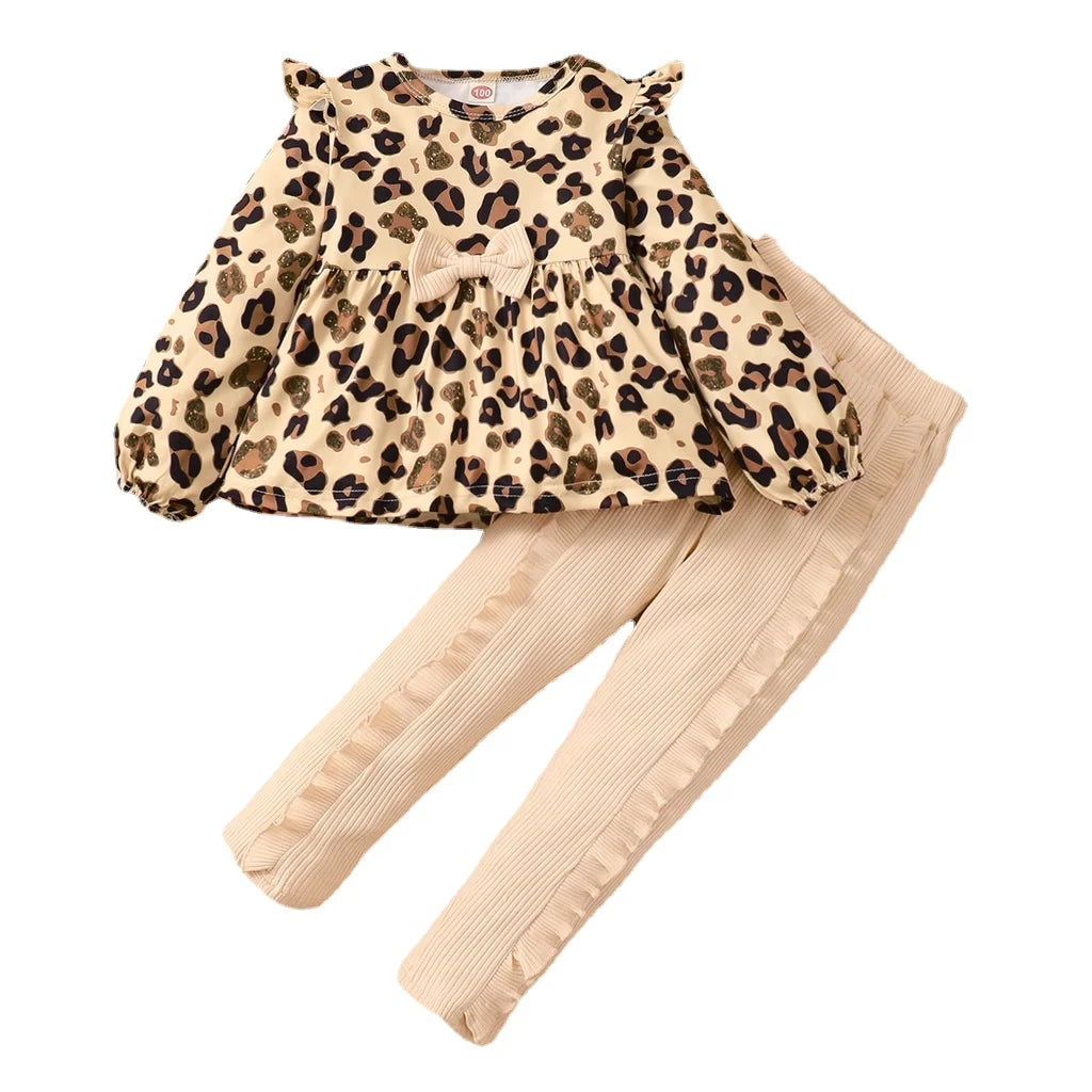 Kids Girls Clothes Set/Leopard Print Top + Pants Set