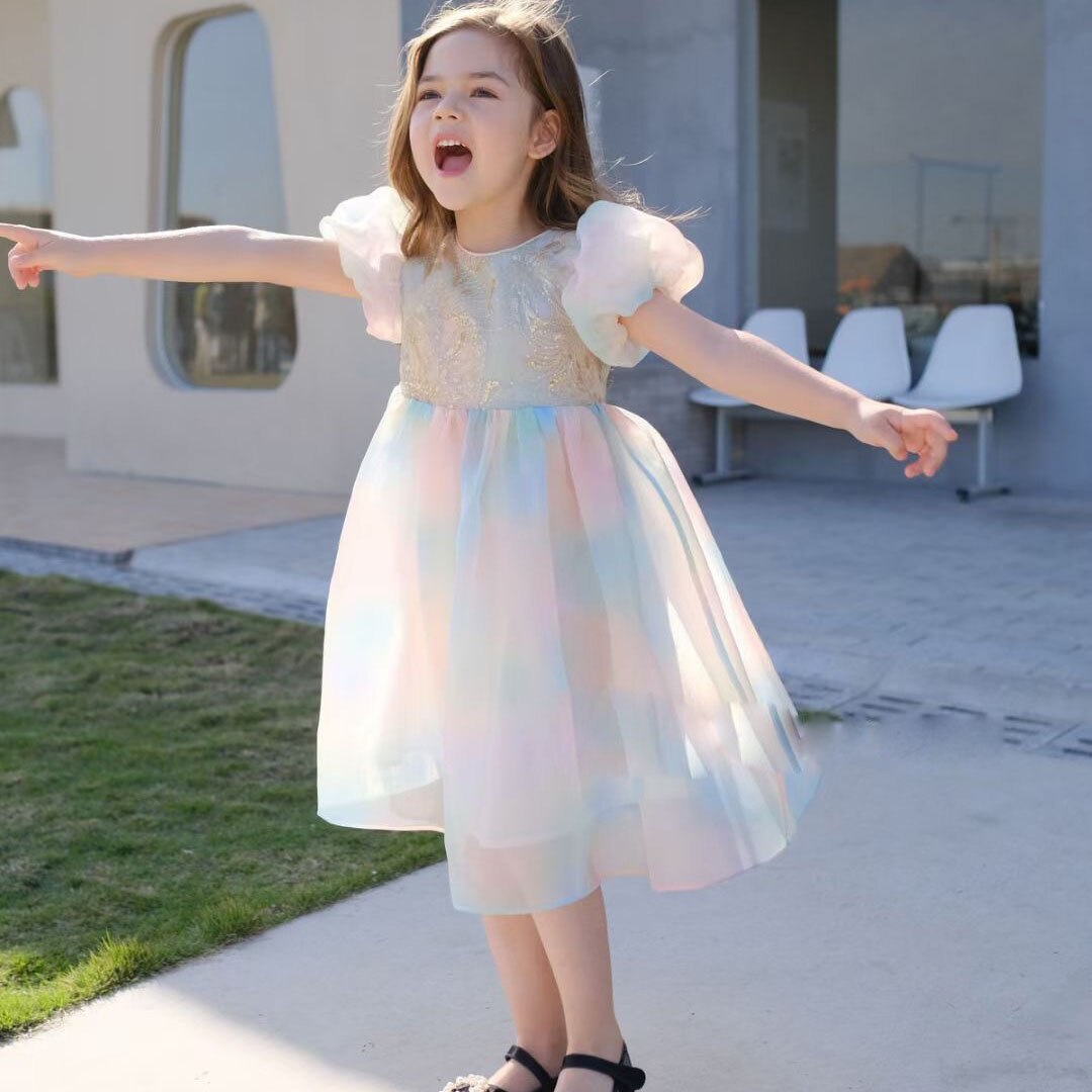 Colorful Patchwork Kids Girls Princess Party Dress childrensterritory