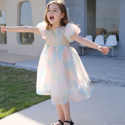 Colorful Patchwork Kids Girls Princess Party Dress childrensterritory