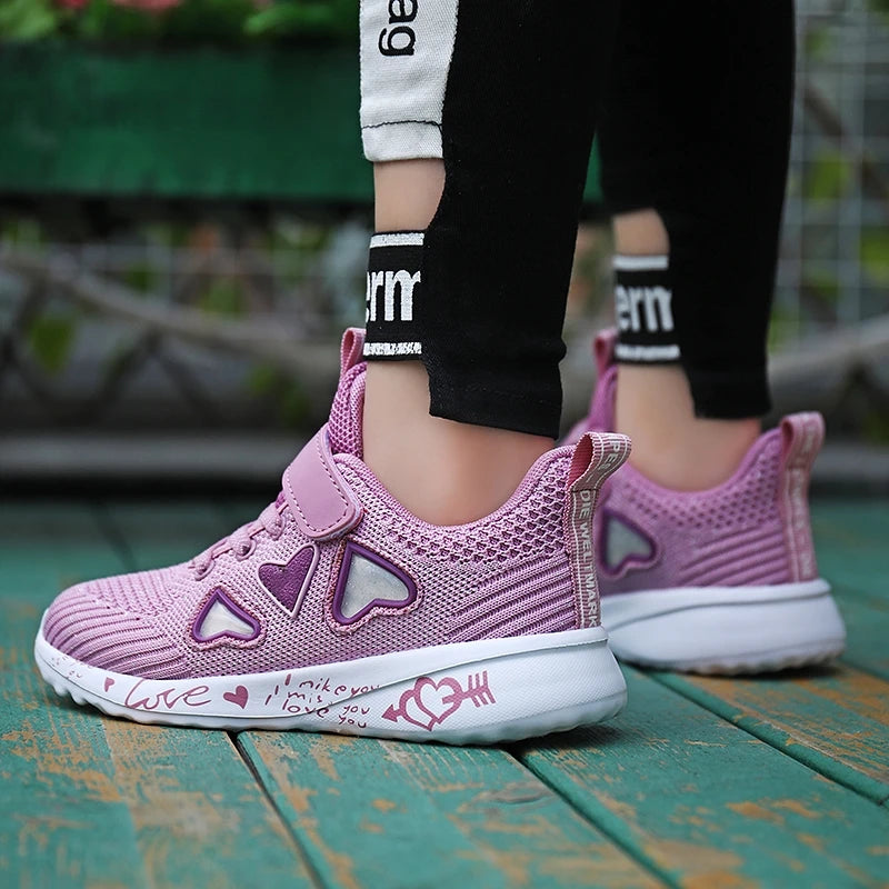 Kids Girls Cute Heart Design Light Mesh Summer Sneakers childrensterritory