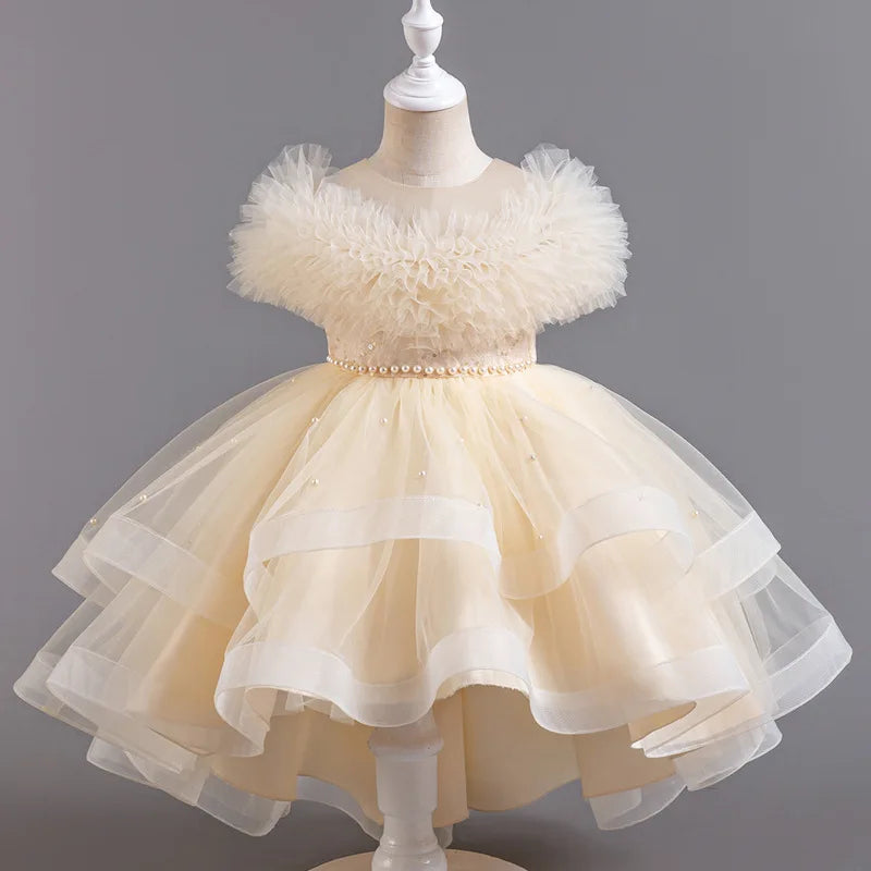 Little Girls Fluffy Solid Color Mesh Lace Design Party Dresses childrensterritory