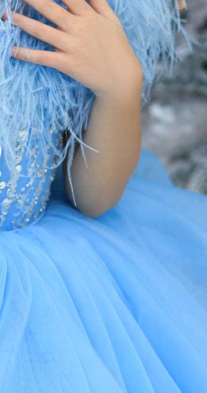 Kids Girls Beading Sequin Ball Gown/Party Dresses with Feather Cape