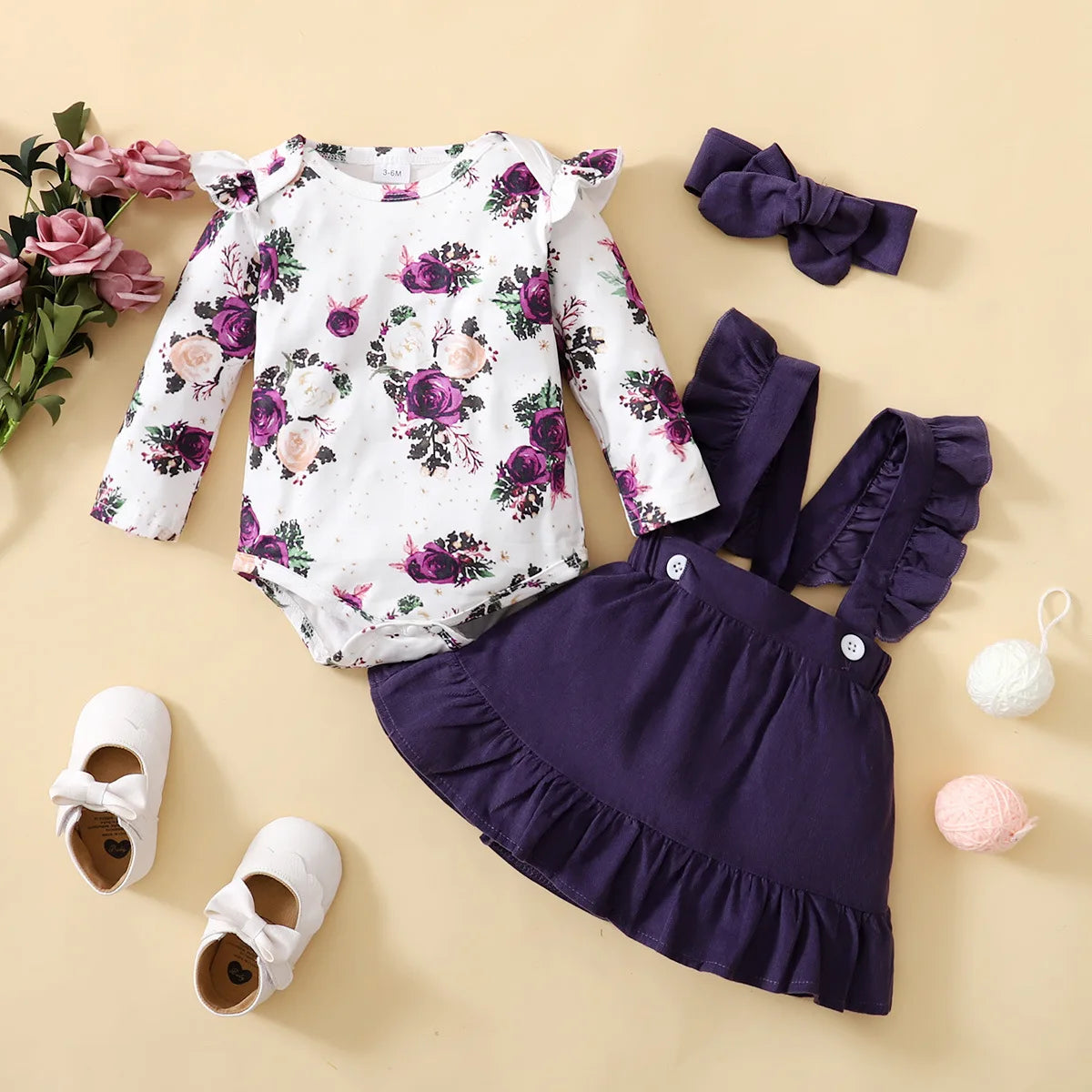 Baby Girl Printed Romper &amp; Suspender Skirt Outfit Set