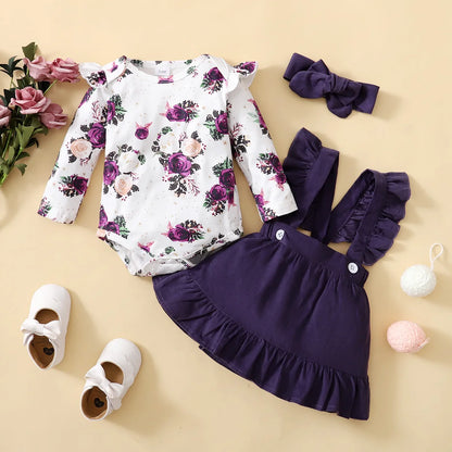 Baby Girl Printed Romper &amp; Suspender Skirt Outfit Set