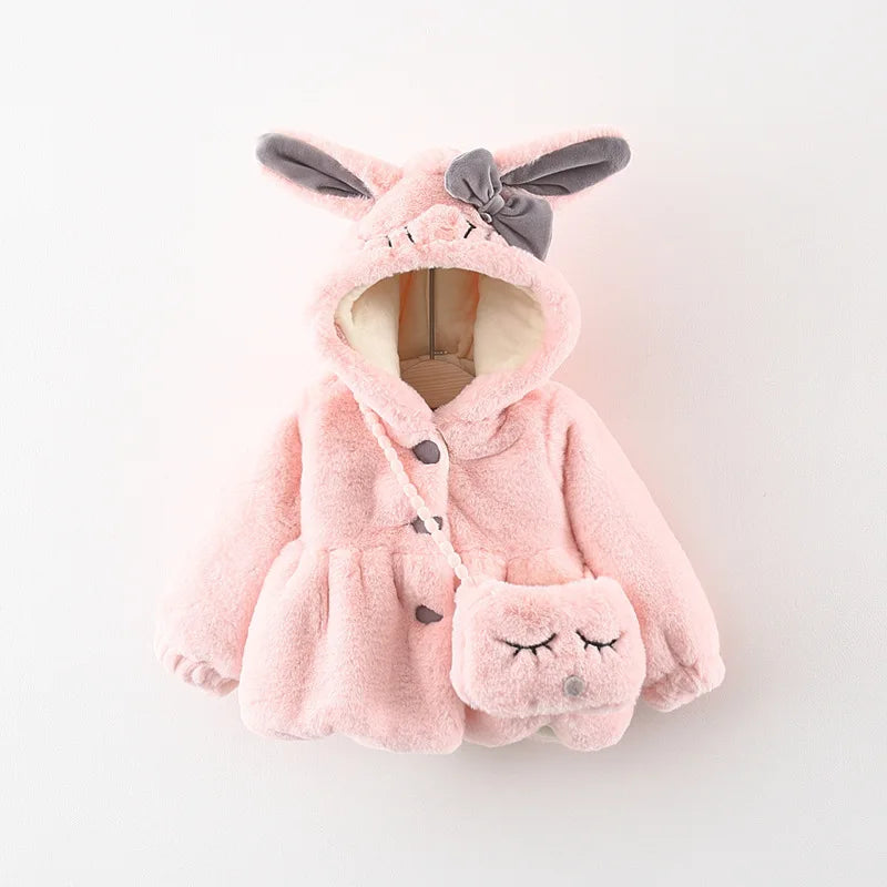 Rabbit Ear Warm Hooded Jackets+Bag for Baby Girls