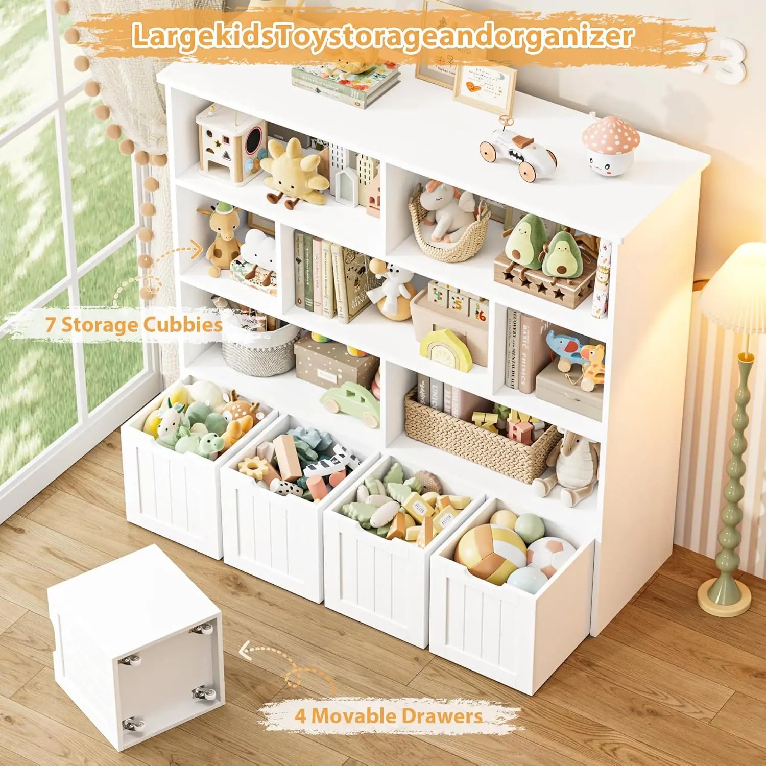 Kids Toy Organization With 4 Removable Drawers and 7 Cubbies
