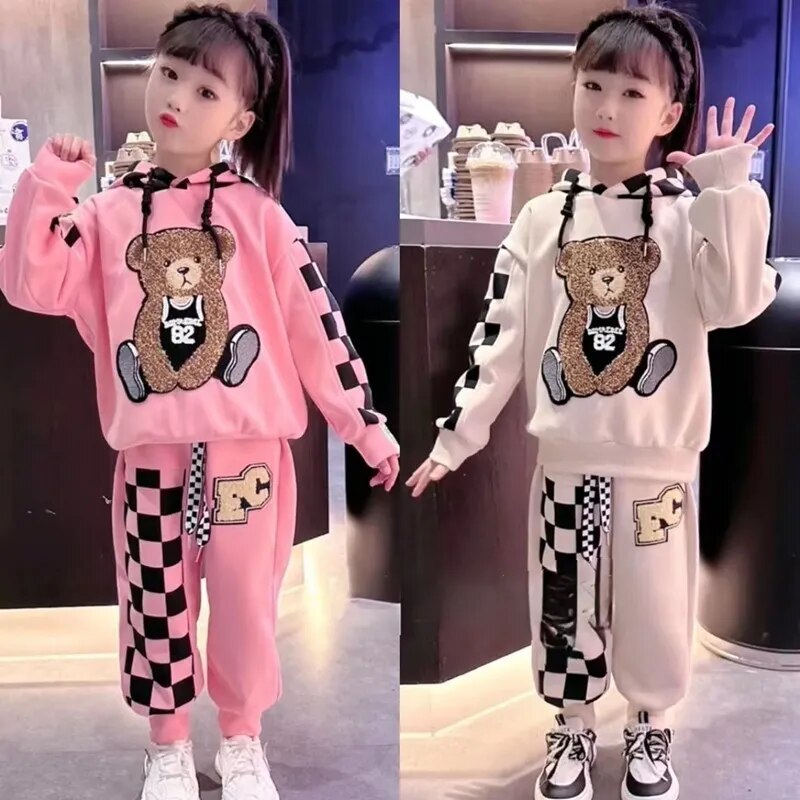 Kids Cartoon Bear Design Plush Hooded 2pcs Sports Suit Set childrensterritory