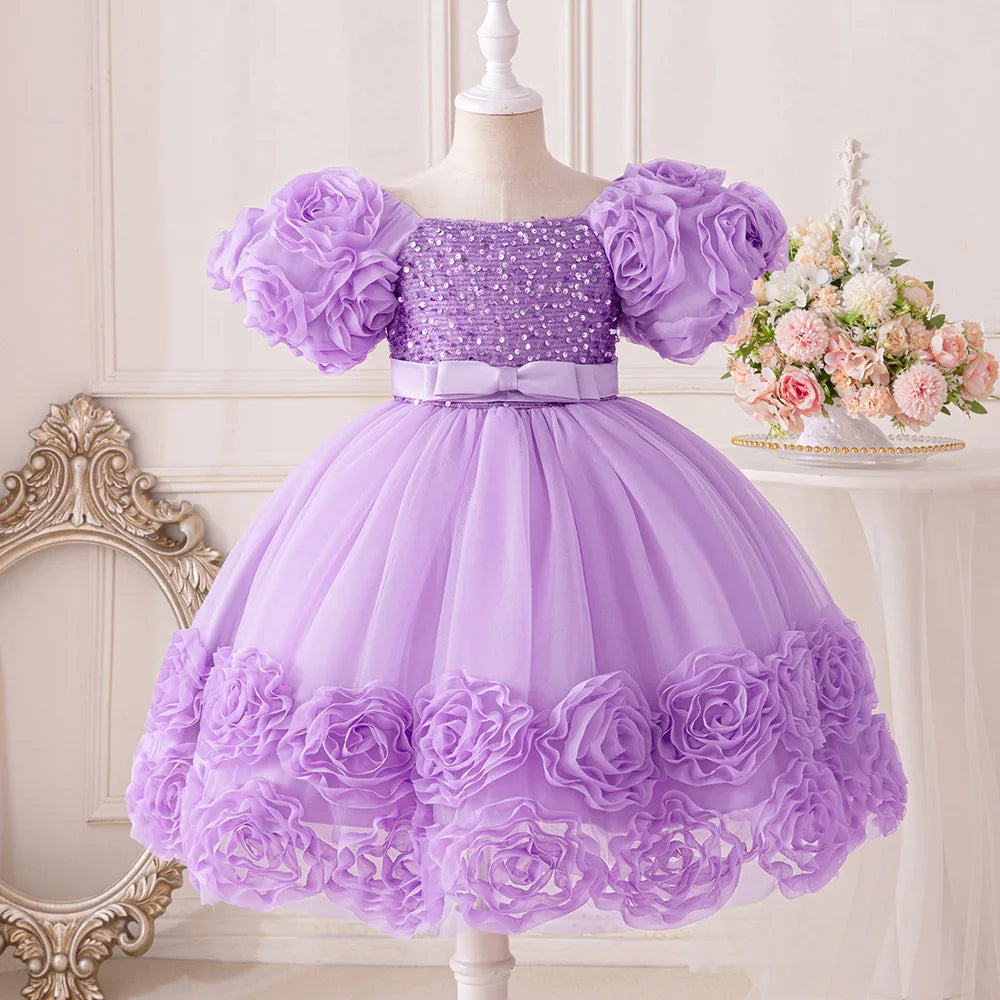 Flower Lace Design Sequins Ball Gown Party Dresses For Girls childrensterritory
