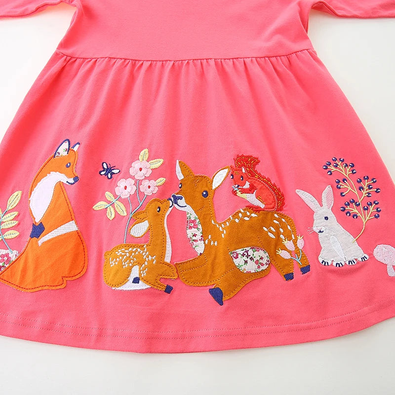 Long Sleeves Animals Embroidery Cartoon Design Girls Dresses childrensterritory