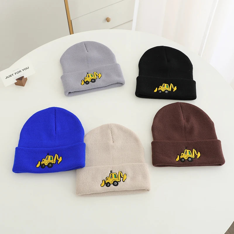 Casual Knitted Cartoon Excavator Embroidered Kids Caps childrensterritory