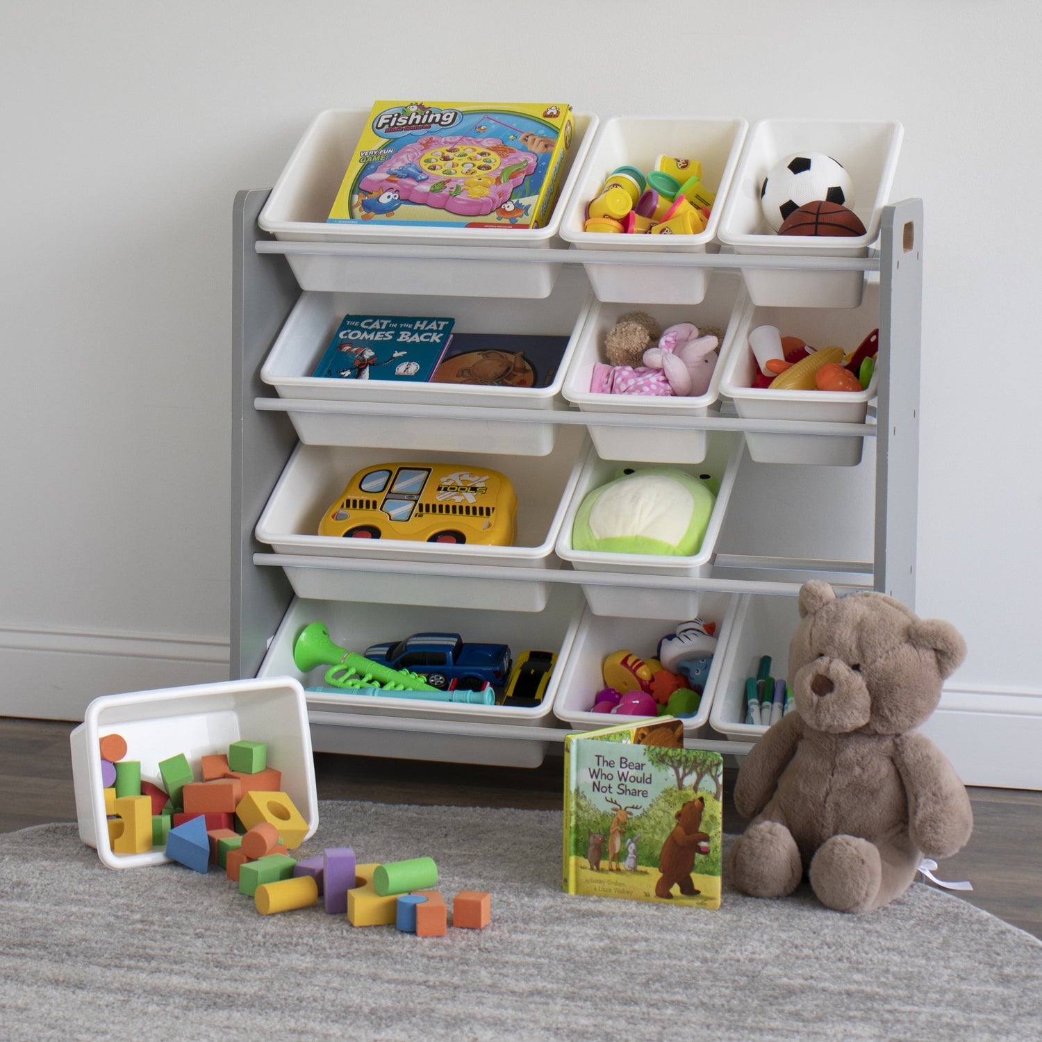 Kids Toy Organizer Wooden and Plastic Rack with 12 Bins childrensterritory