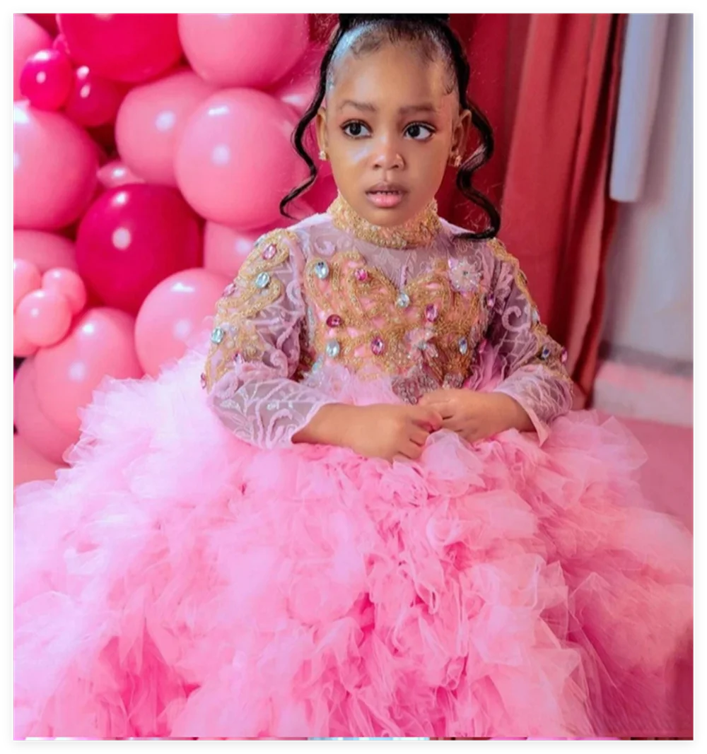 Multi-Tiered Tulle Pink First Communion Dress for Little Girls