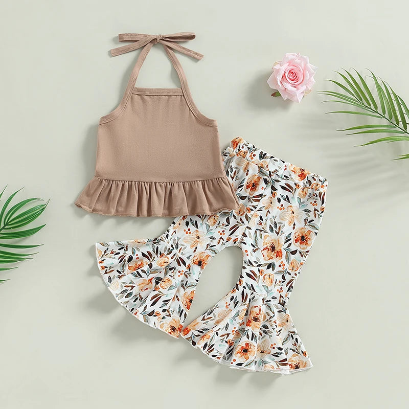 Toddler Girl Top with Printed Flare Pant Outfit