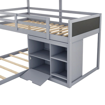 L-shaped Wooden Triple Bunk Bed With a Ladder and Storage Cabinet childrensterritory