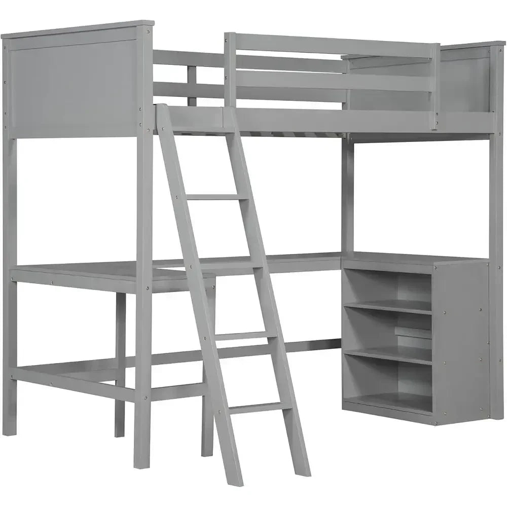 Twin Size Wooden Loft Bed with Under-Bed Storage - Gray