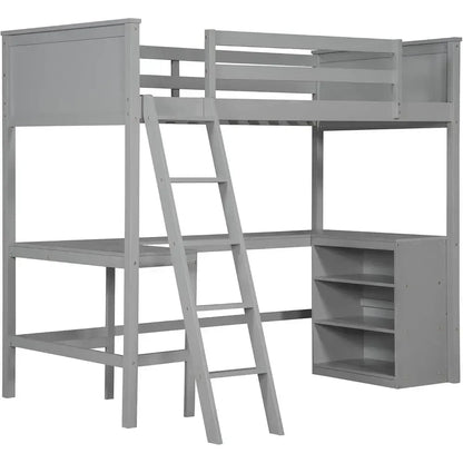 Twin Size Wooden Loft Bed with Under-Bed Storage - Gray
