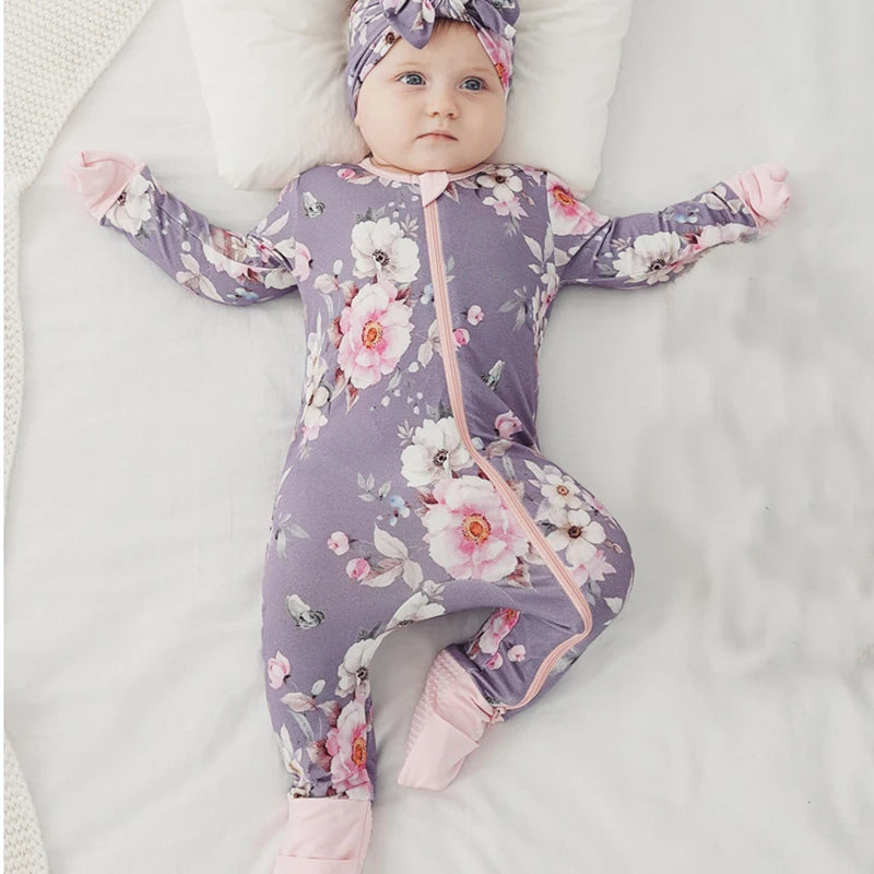 Baby Printed Bamboo Fiber Long Sleeve Zipper Sleepwear