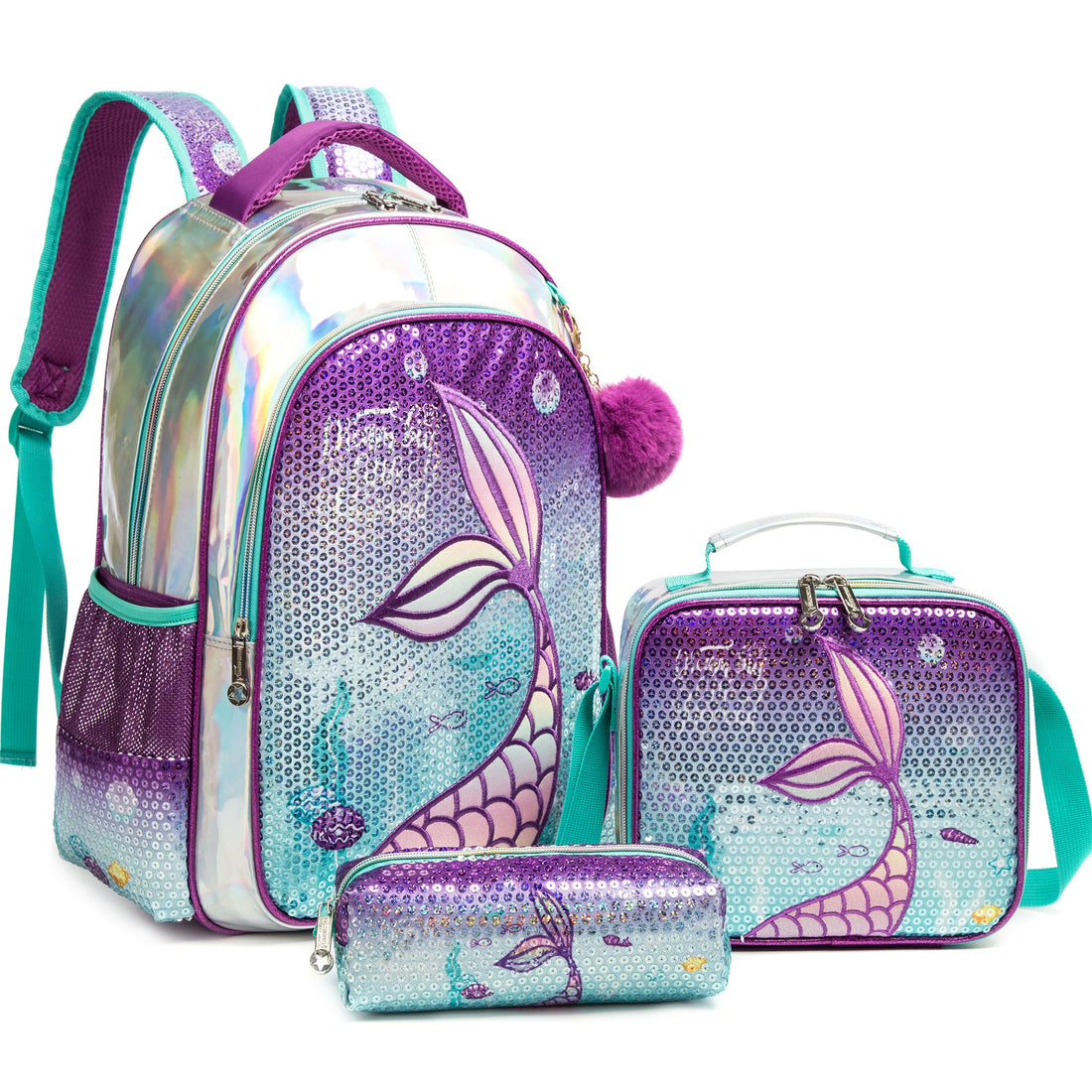 Sequin Mermaid Design Backpack with Lunch Box Set for Kids childrensterritory