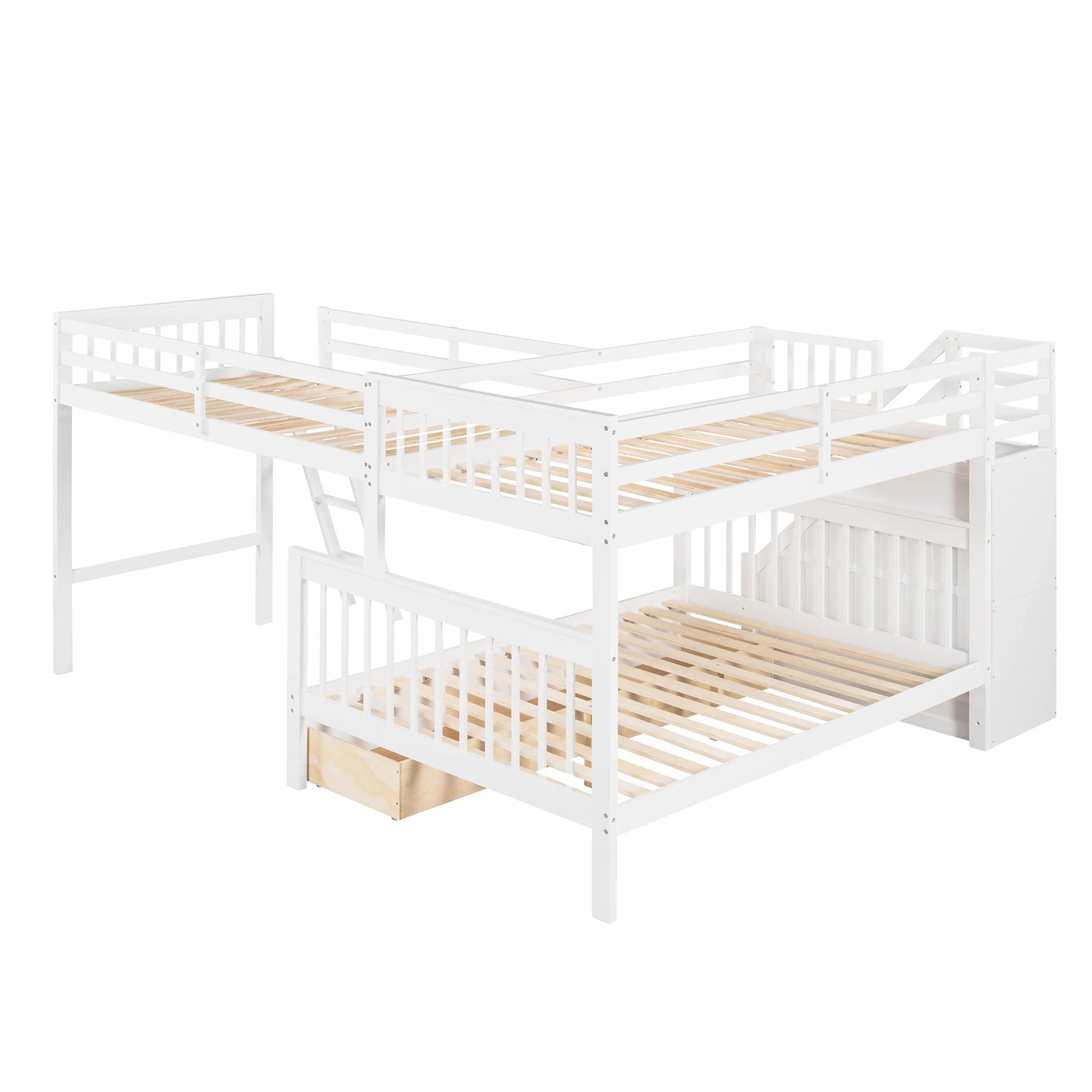 L-shaped Full Bunk Bed with Three Drawers and a Staircase childrensterritory