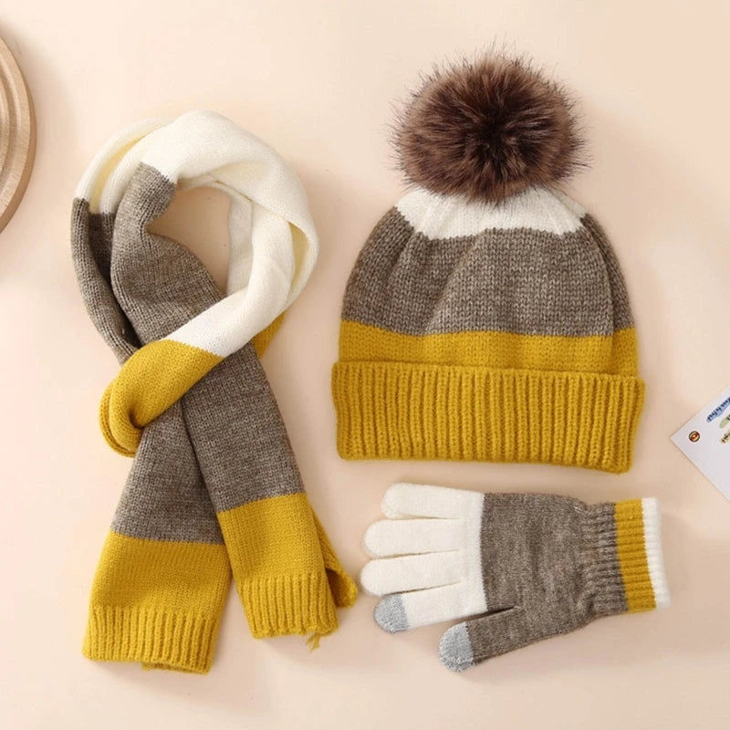 Little Boys and Girls Knitted Warm Plush Hat Scarf Gloves Set