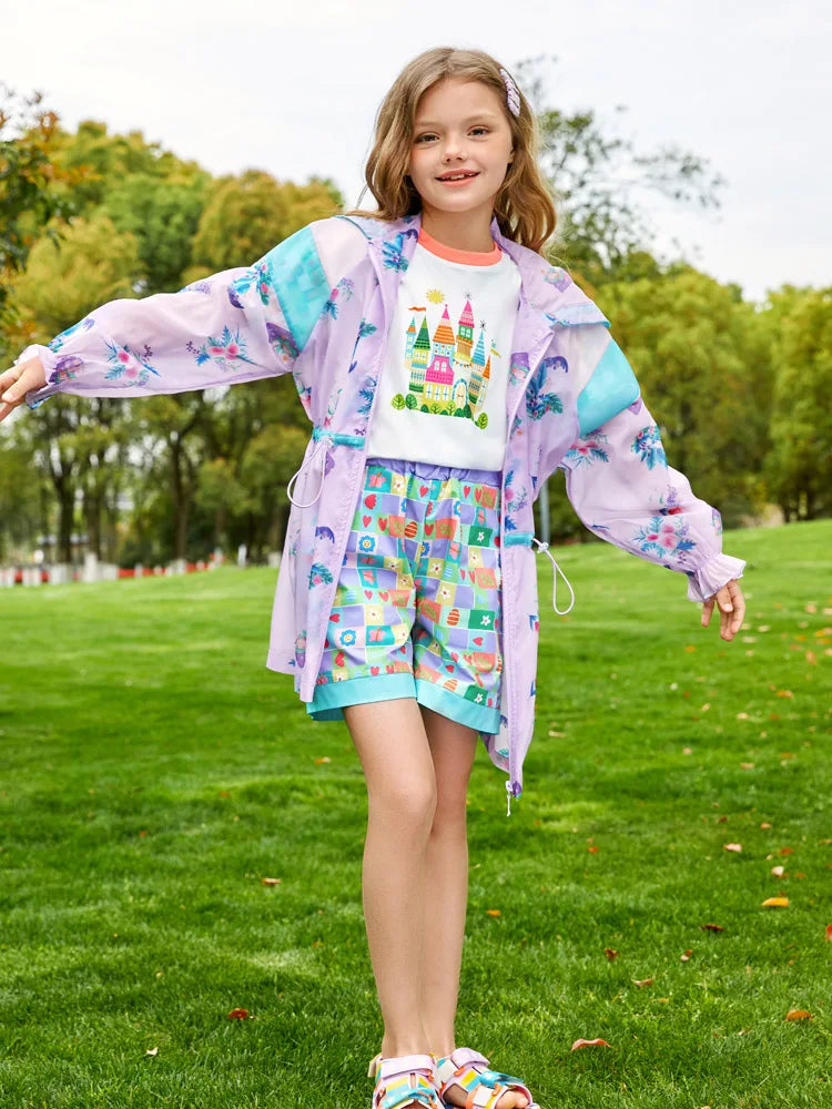 Kids Girls Hooded Trench Coat Printed With Pleated Cuffs childrensterritory