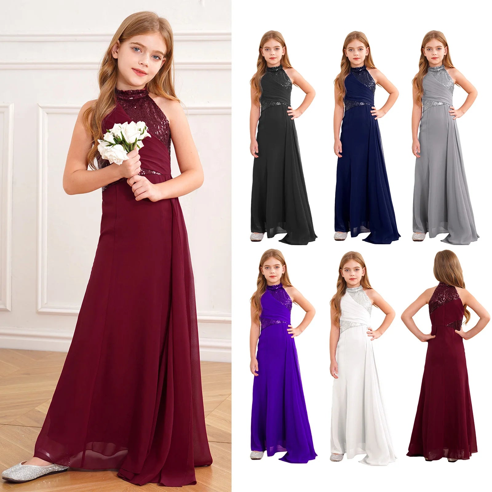 Kids Girls Sequins Pleat Overlay Pageant Evening Gowns