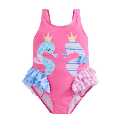 Cartoon Seahorse Print Sleeveless Kid Girl Swimsuit