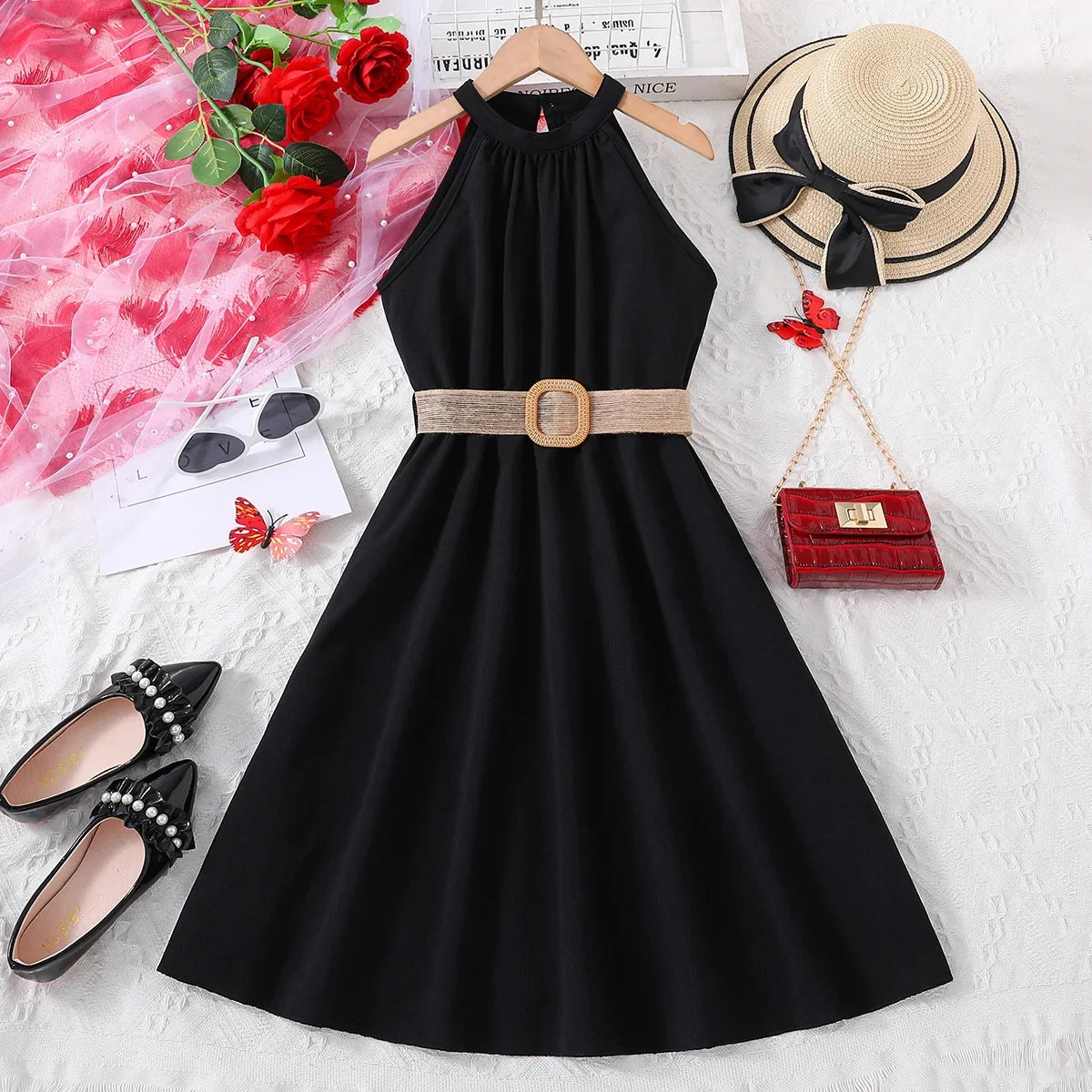 Kids Girls Off Shoulder Formal Summer Party Dresses With Belt