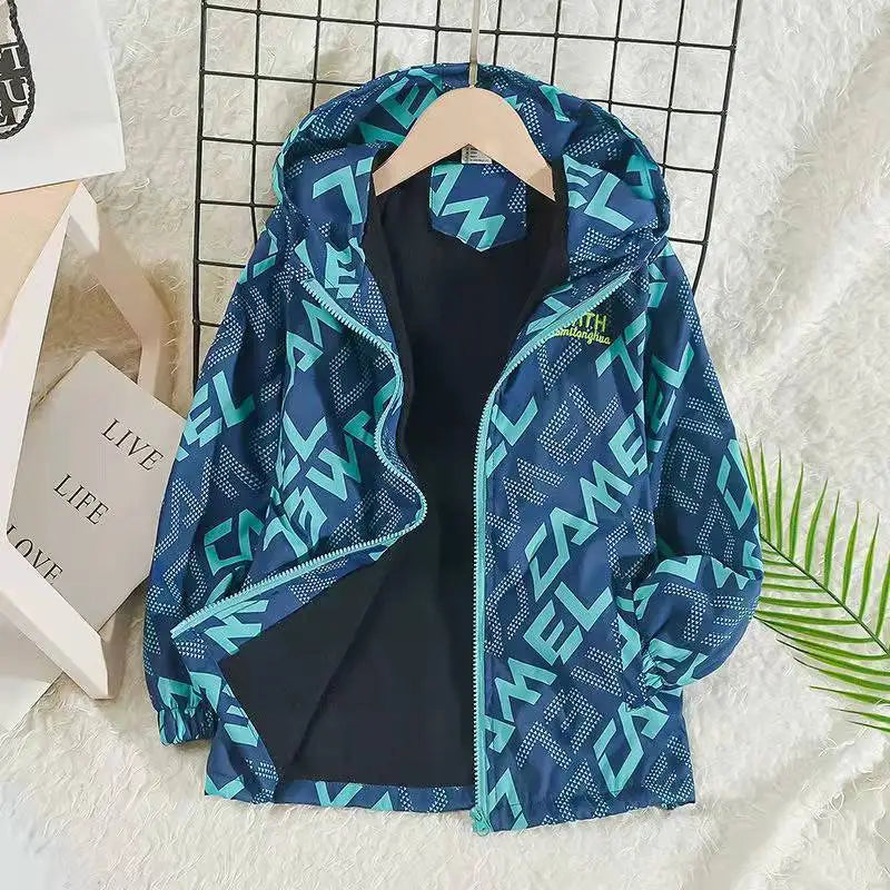 Boys Letter Print Hooded Waterproof Fleece Jackets childrensterritory
