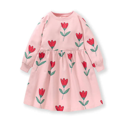 Kids Girls Soft Cotton Long Sleeve Printed Floral Birthday Dresses childrensterritory