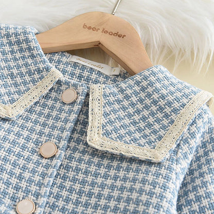 Kids Girls Retro Style Plaid Winter Party Dresses 2pcs Set