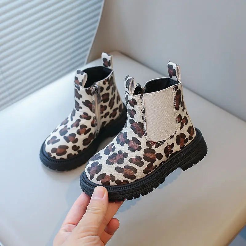 Leopard Print Anti Slip Children PU Zip Ankle Shoes childrensterritory