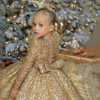 Sequin Glod Glitter Flower Girl Dress for Wedding Party