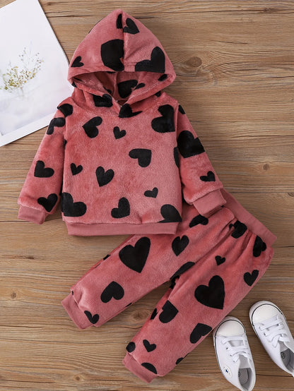 Heart Design Plush Hooded Top and Pant Baby Outfit Set childrensterritory