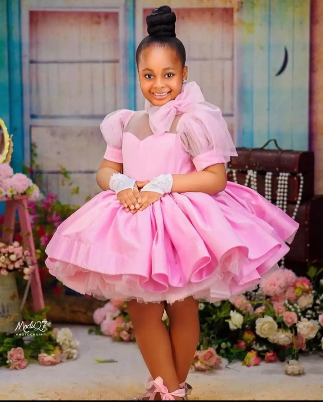 Pink Fluffy Bow Design Birthday Party Dresses For Girls