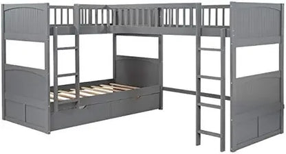 L-shaped Wooden Triple Bunk Bed With a Ladder and Storage Cabinet