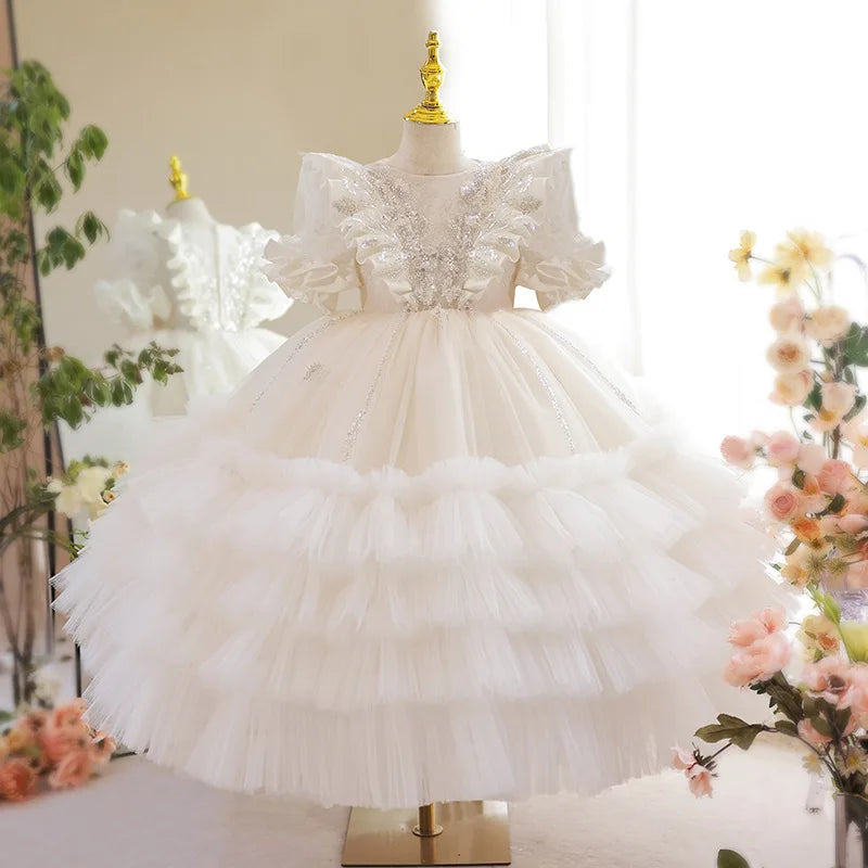 Elegant Sequined Sparkling Tulle Tiered Ball Dress for Young Girls