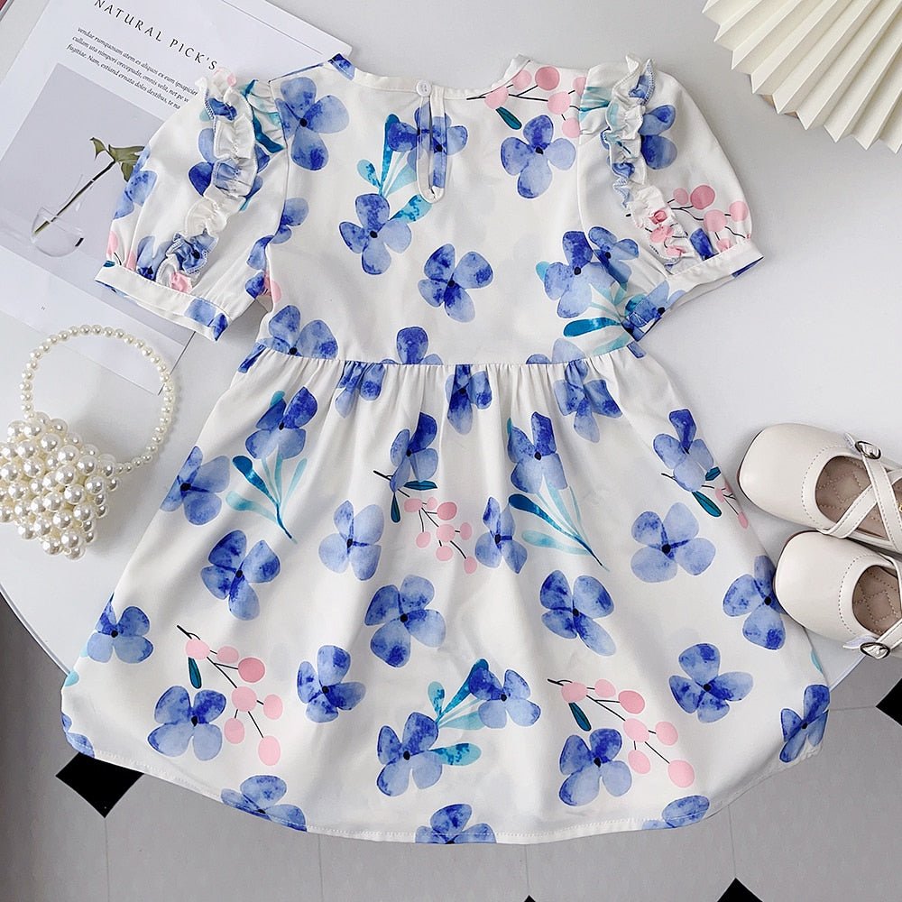 Purple Flowers Pattern with Bubble Sleeve Kids Girl Princess Dress childrensterritory