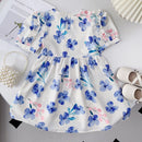 Purple Flowers Pattern with Bubble Sleeve Kids Girl Princess Dress childrensterritory