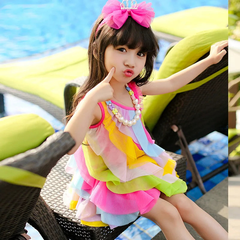 Sleeveless Rainbow Color Beach Dress For Kids Girls