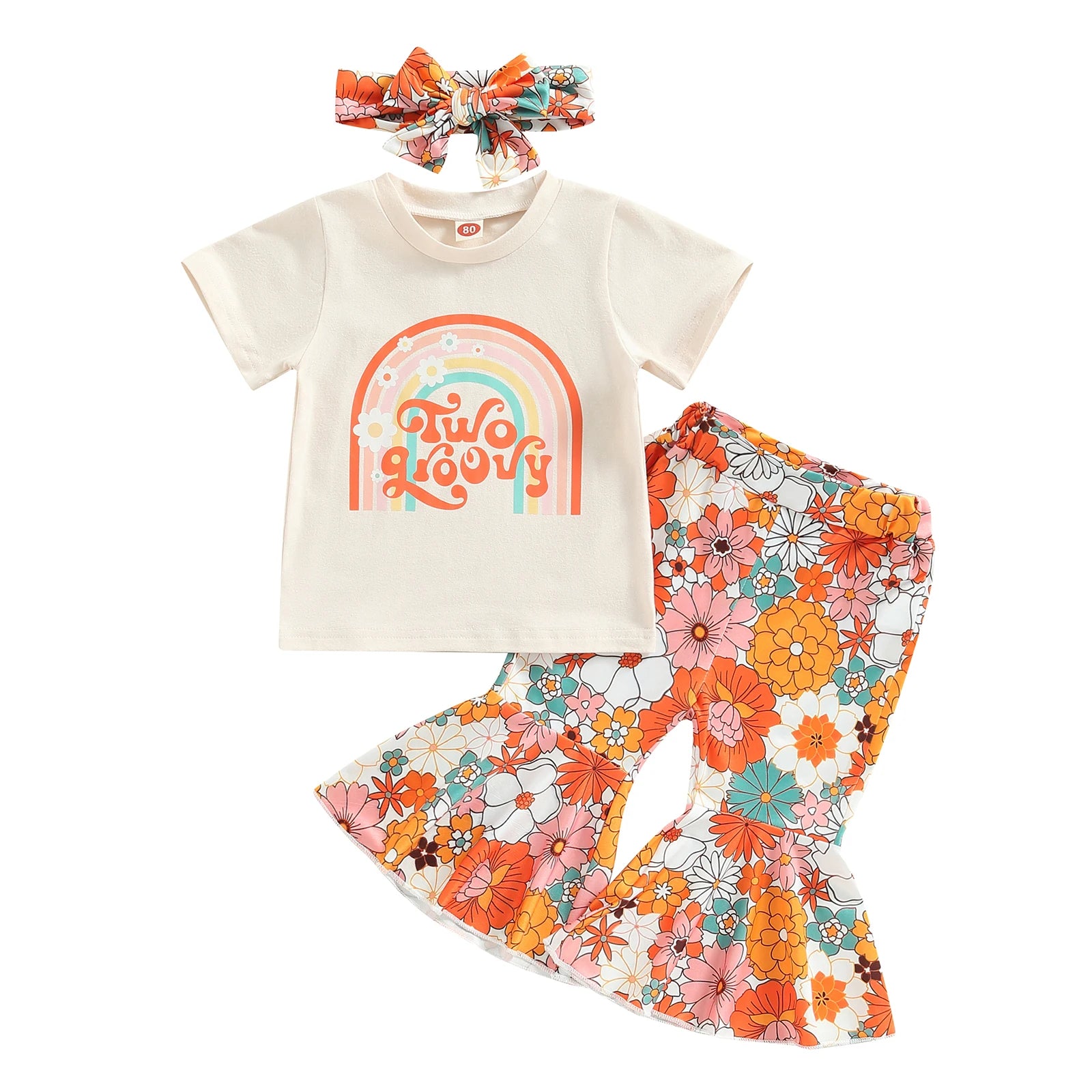 3pcs Printed Romper with Flare Pants Set for Baby Girls