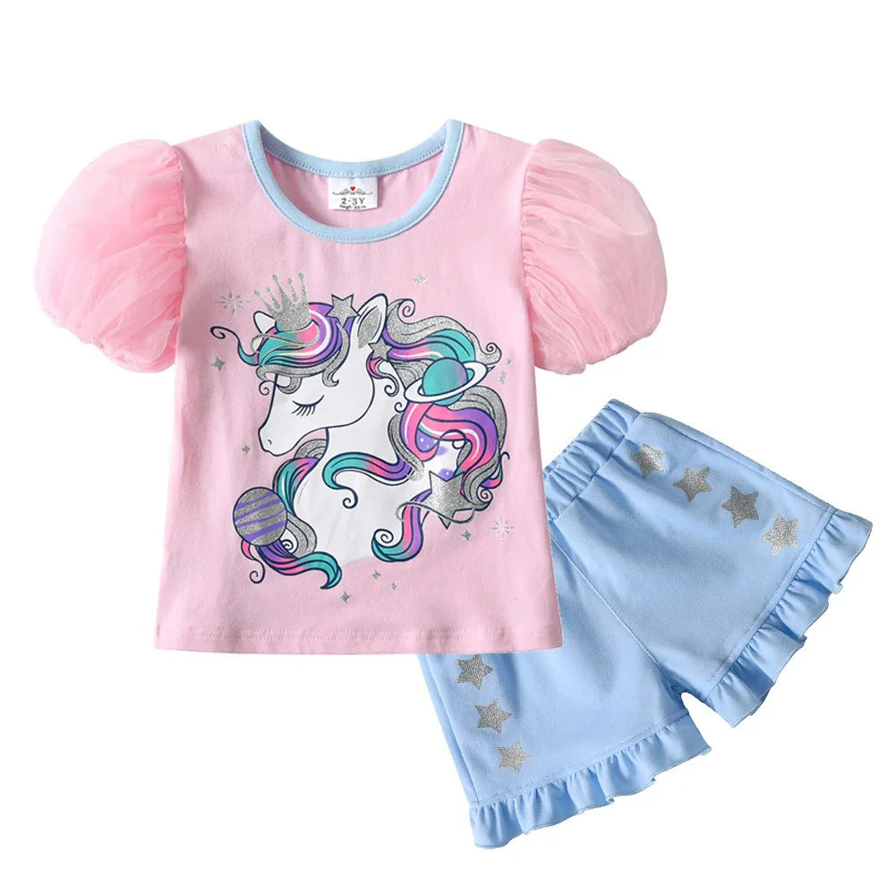 Unicorn Cartoon Print Girls' 2-Piece Cotton Clothing Sets childrensterritory