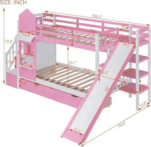 Full-Over-Full Castle Bunk Bed with Slide, Shelves, and Drawers
